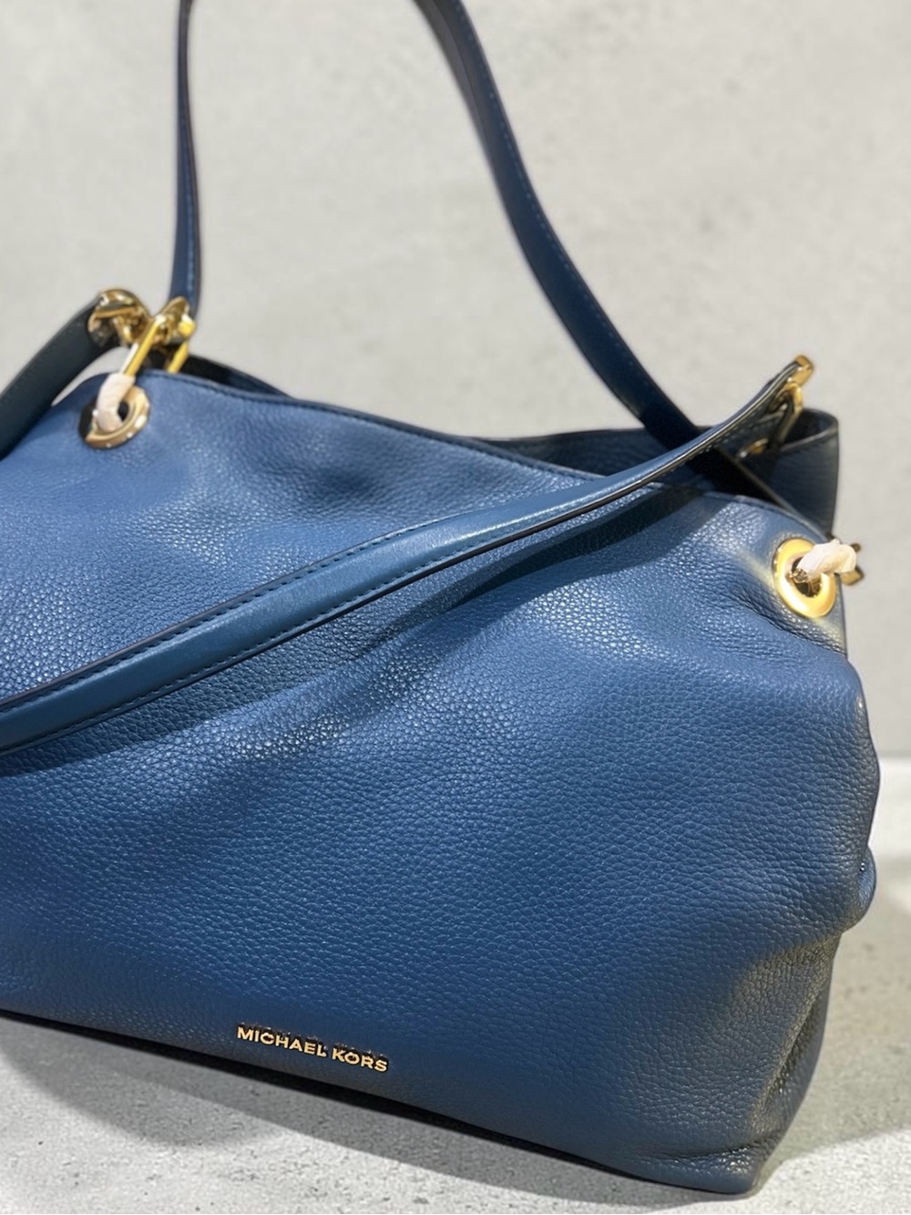 Michael Kors Blue Pebbled Leather Raven Shoulder Bag with Gold Hardware